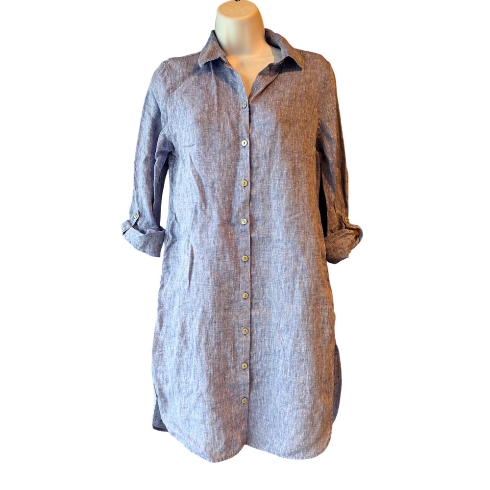 Chico's FreshChic Linen Tunic Shirt Dress Blue Women's Size 00 0/2 No Iron